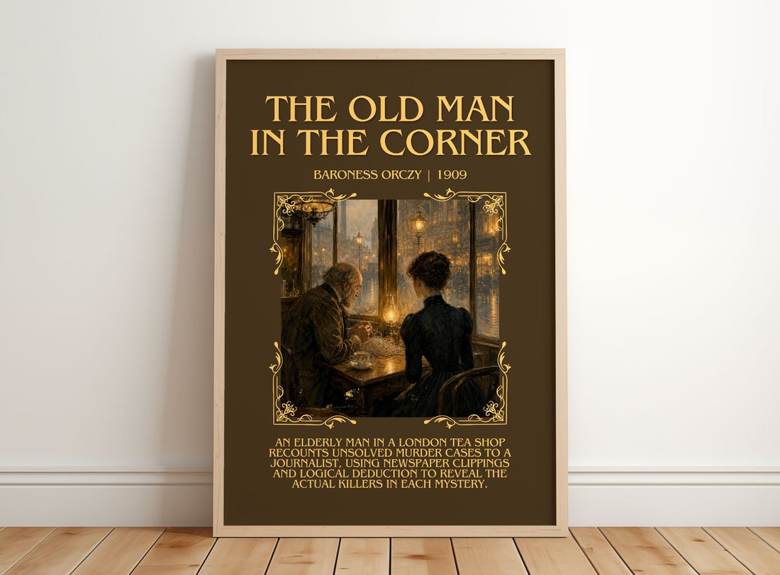 The Old Man In The Corner Minimalist Book Poster by Baroness Orczy – framed print leaning on a wooden floor