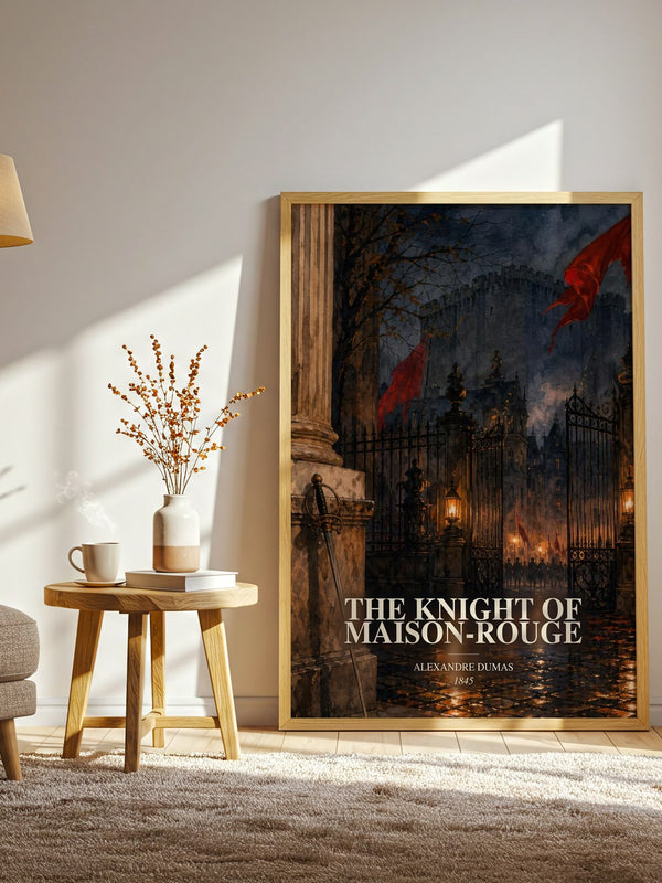 The Knight Of Maison-Rouge watercolour print in frame leaning in hallway – historical fiction wall art
