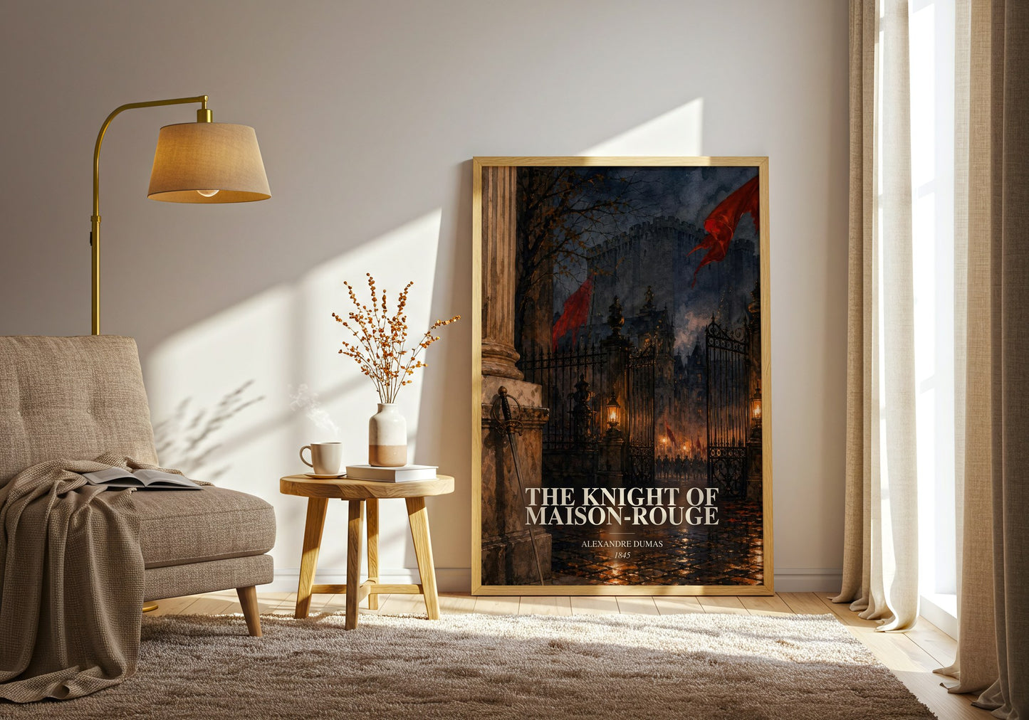 The Knight Of Maison-Rouge watercolour print in frame leaning in hallway – historical fiction wall art