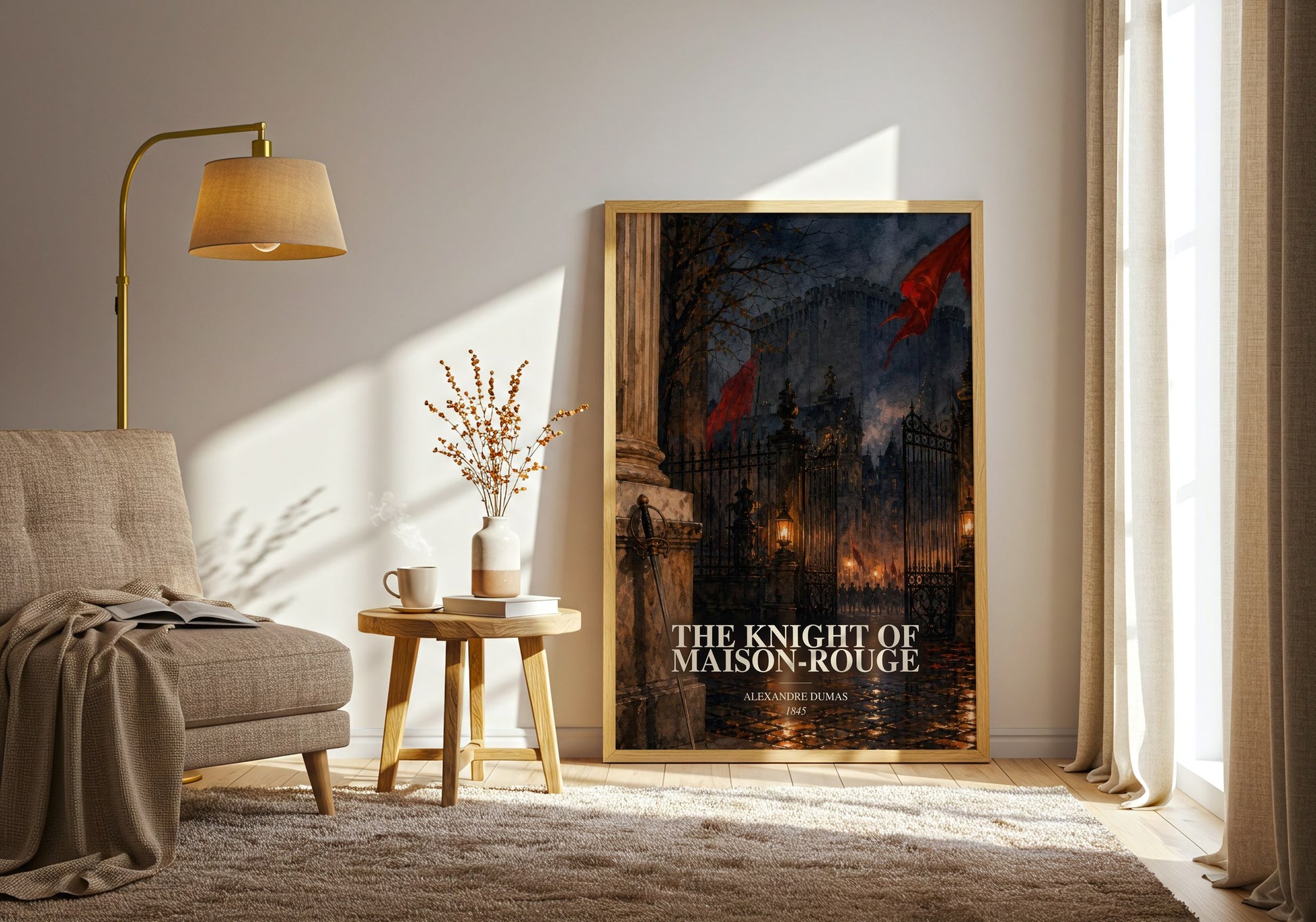 The Knight Of Maison-Rouge watercolour print in frame leaning in hallway – historical fiction wall art