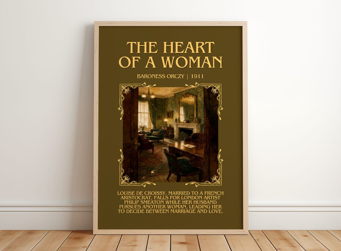 The Heart Of A Woman Minimalist Book Poster by Baroness Orczy – framed print leaning on a wooden floor