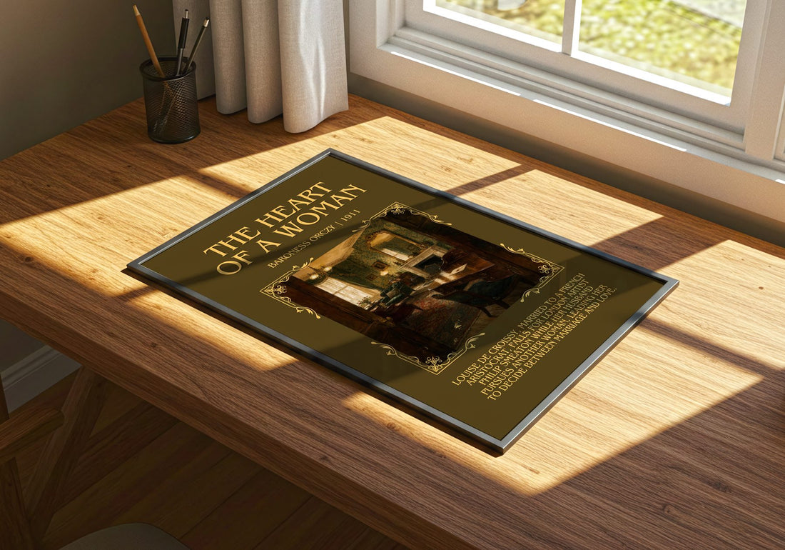 The Heart Of A Woman Minimalist Book Poster by Baroness Orczy – print on a sunlit desk