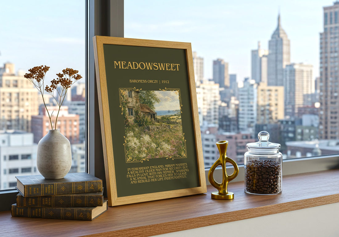 Meadowsweet Minimalist Book Poster by Baroness Orczy – framed print on a city-view windowsill