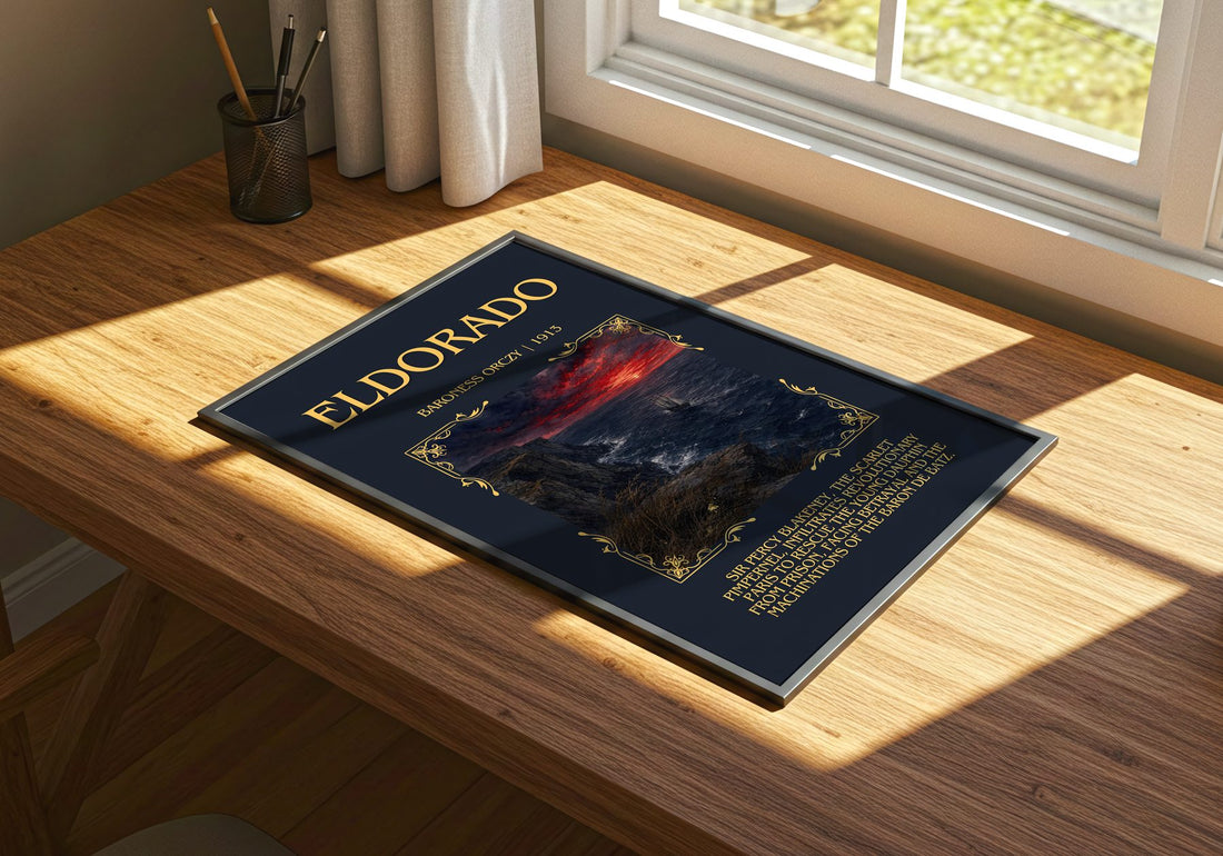 Eldorado Minimalist Book Poster by Baroness Orczy – print on a sunlit desk