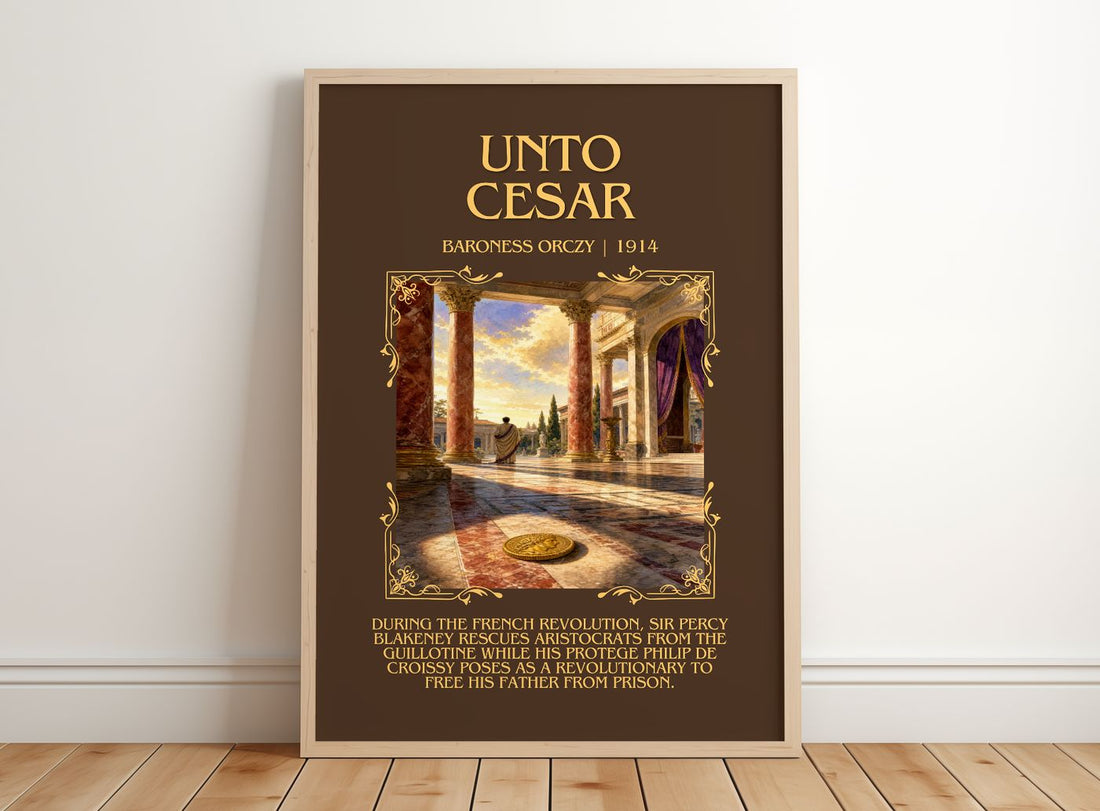 Unto César Minimalist Book Poster by Baroness Orczy – framed print leaning on a wooden floor