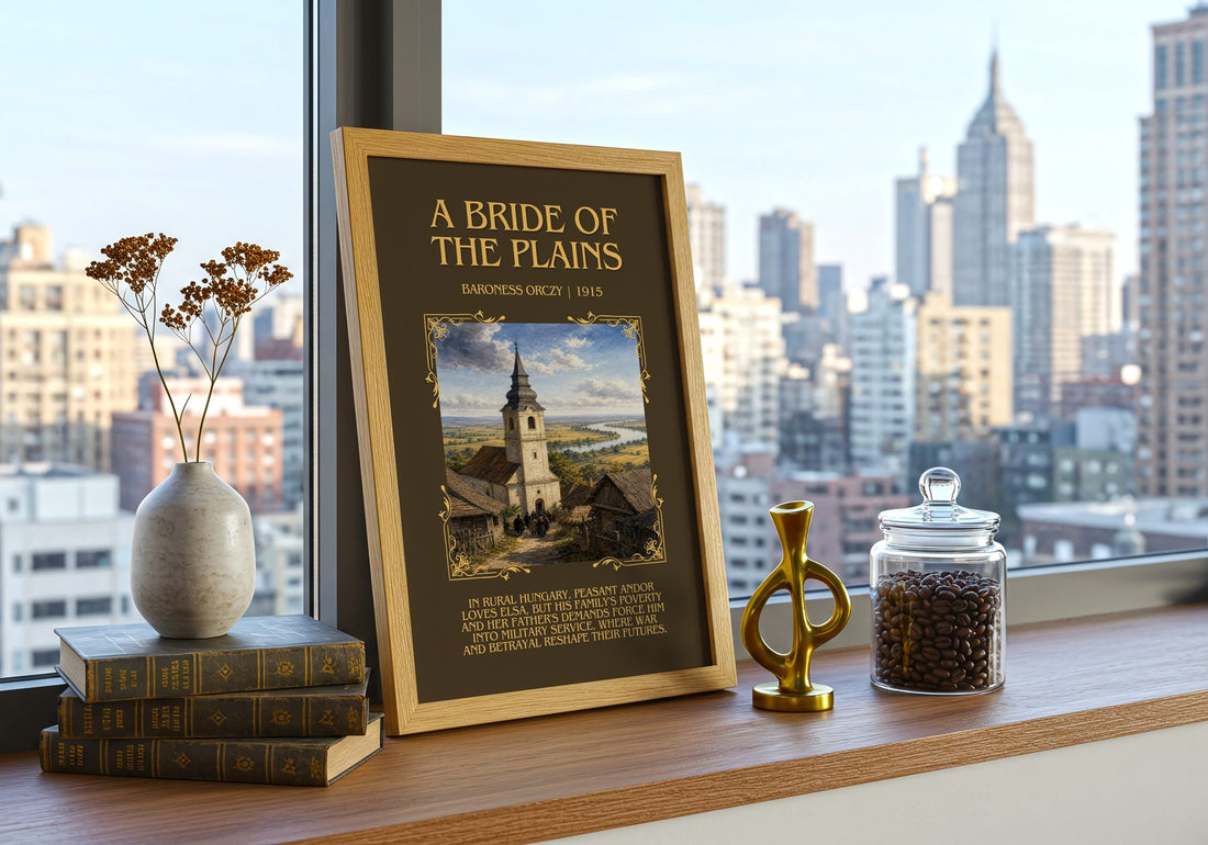 A Bride Of The Plains Minimalist Book Poster by Baroness Orczy – framed print on a city-view windowsill