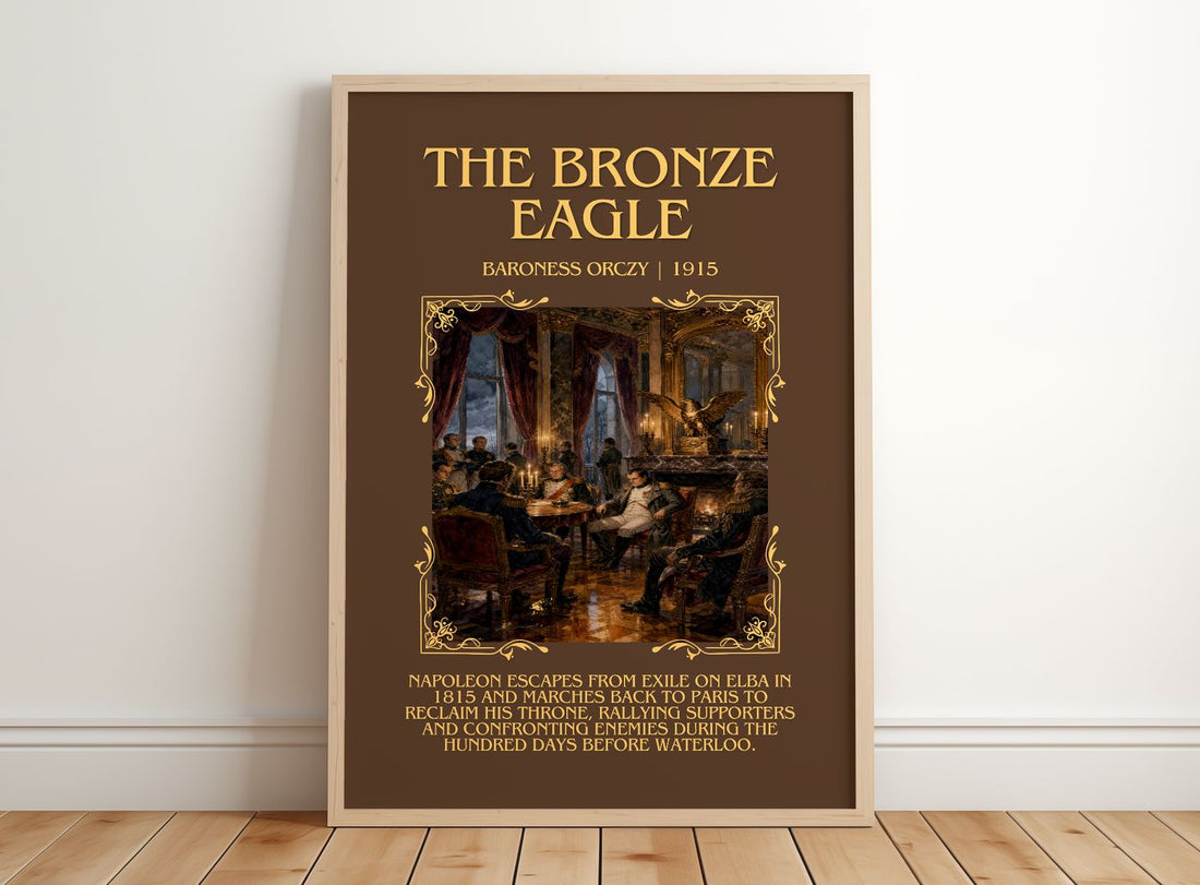 The Bronze Eagle Minimalist Book Poster by Baroness Orczy – framed print leaning on a wooden floor