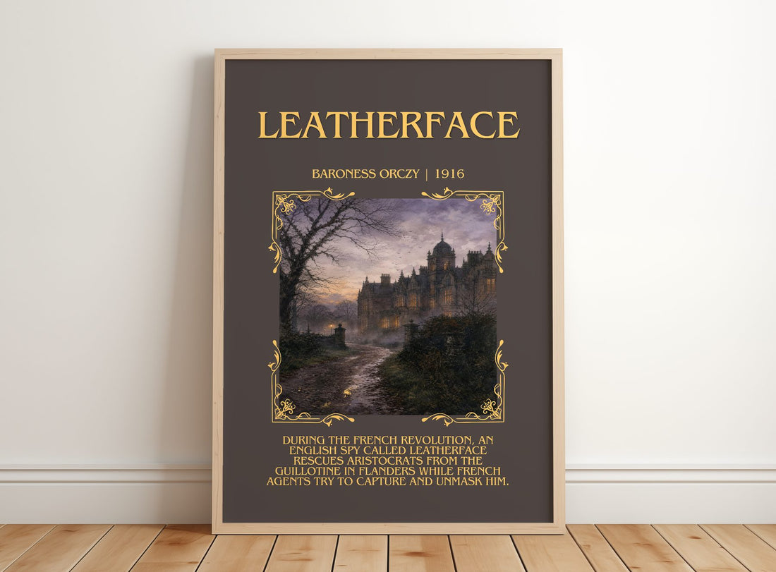 Leatherface Minimalist Book Poster by Baroness Orczy – framed print leaning on a wooden floor