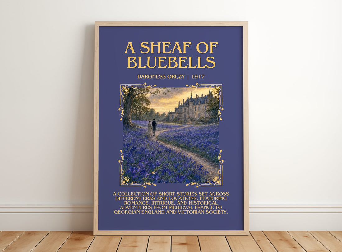 A Sheaf Of Bluebells Minimalist Book Poster by Baroness Orczy – framed print leaning on a wooden floor