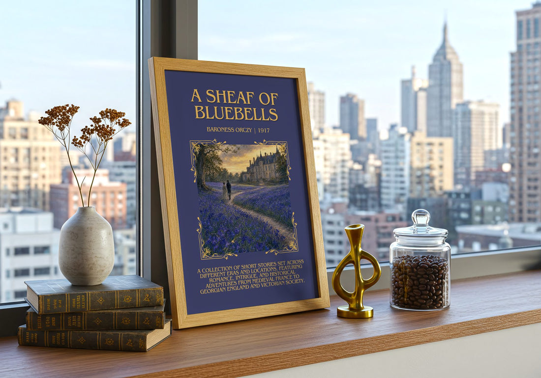 A Sheaf Of Bluebells Minimalist Book Poster by Baroness Orczy – framed print on a city-view windowsill