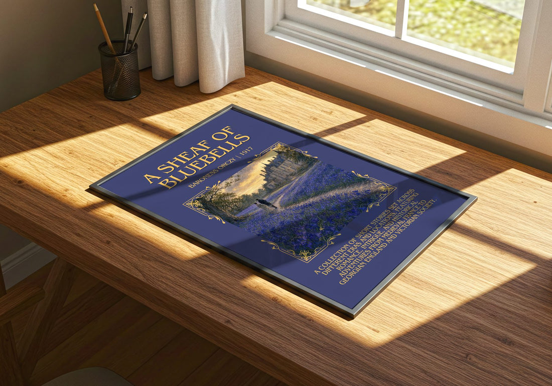 A Sheaf Of Bluebells Minimalist Book Poster by Baroness Orczy – print on a sunlit desk