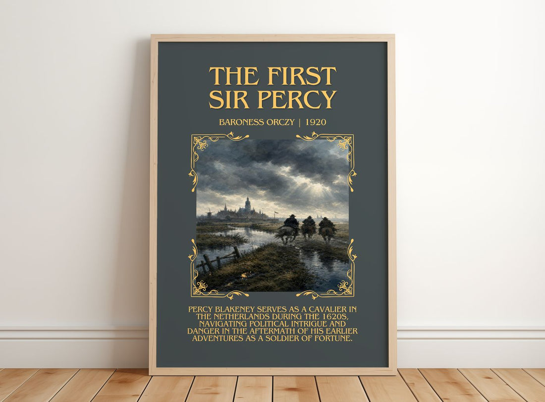 The First Sir Percy Minimalist Book Poster by Baroness Orczy – framed print leaning on a wooden floor