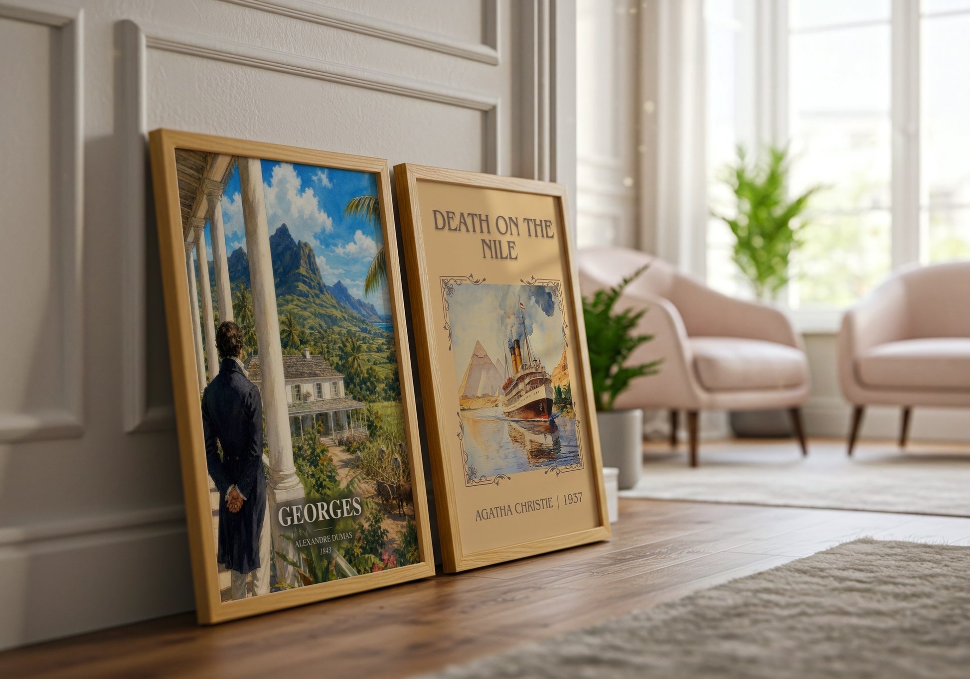 Georges watercolour print framed by window – literary home decor