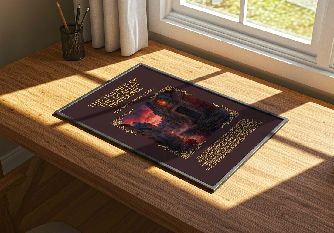 Triumph Of The Scarlet Pimpernel Minimalist Book Poster by B. Orczy – print on a sunlit desk