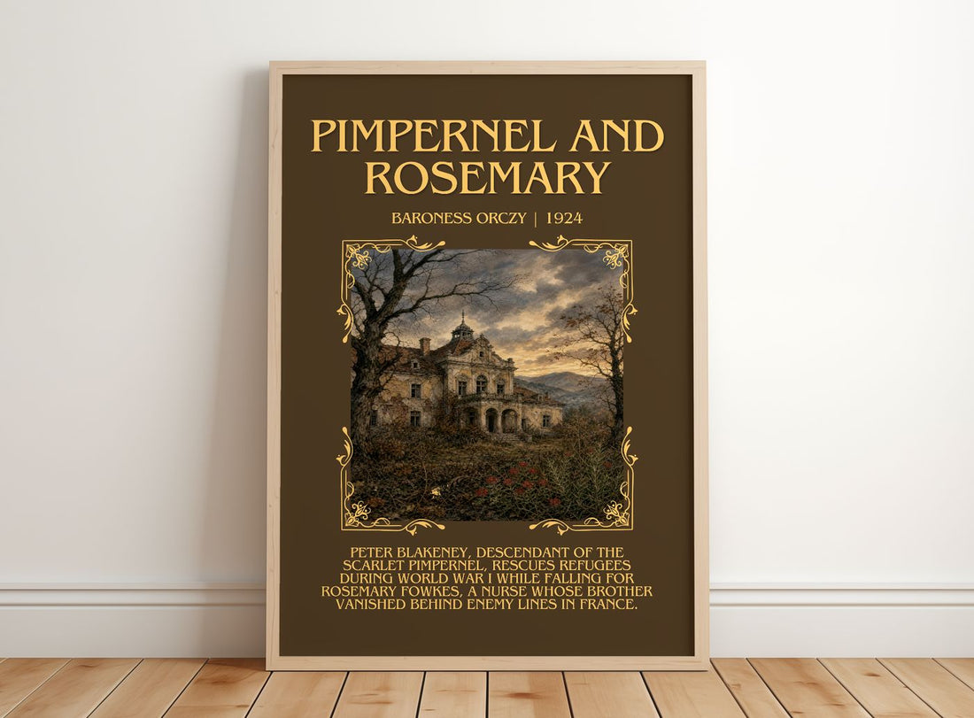 Pimpernel And Rosemary Minimalist Book Poster by Baroness Orczy – framed print leaning on a wooden floor
