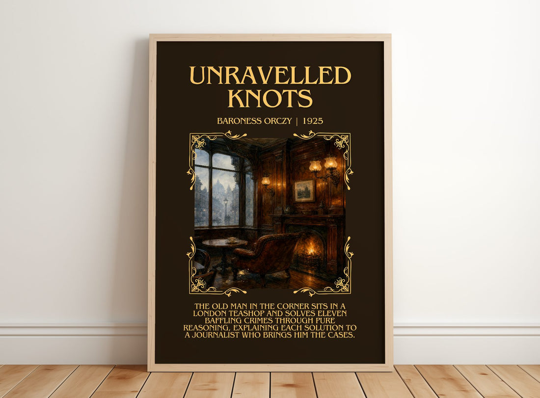 Unravelled Knots Minimalist Book Poster by Baroness Orczy – framed print leaning on a wooden floor