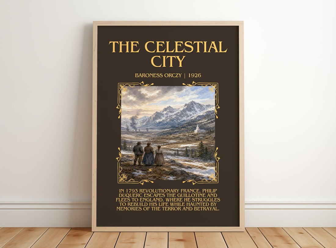 The Celestial City Minimalist Book Poster by Baroness Orczy – framed print leaning on a wooden floor