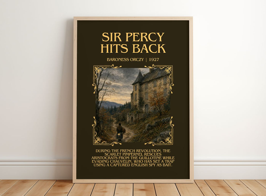 Sir Percy Hits Back Minimalist Book Poster by Baroness Orczy – framed print leaning on a wooden floor