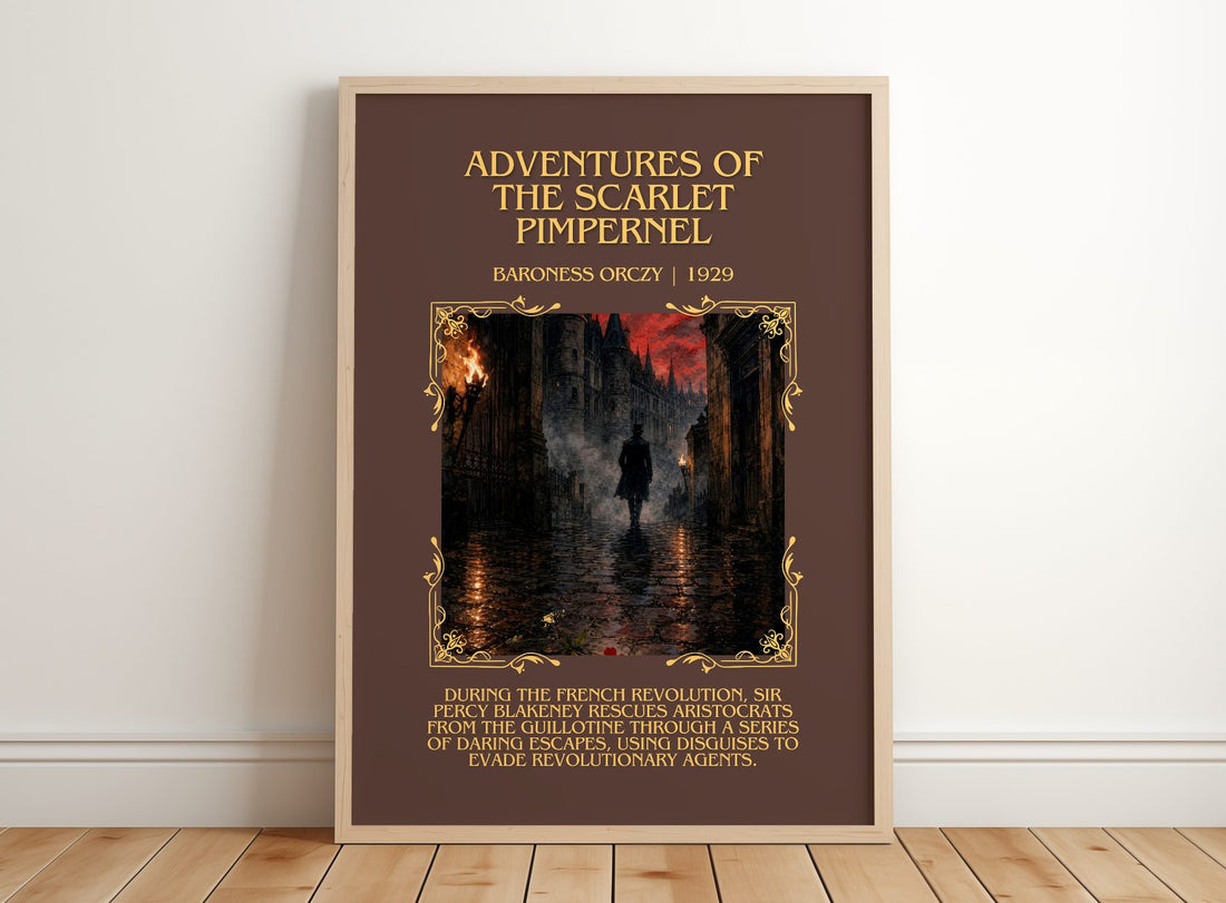 Adventures Of The Scarlet Pimpernel Minimalist Book Poster by B. Orczy – framed print leaning on a wooden floor