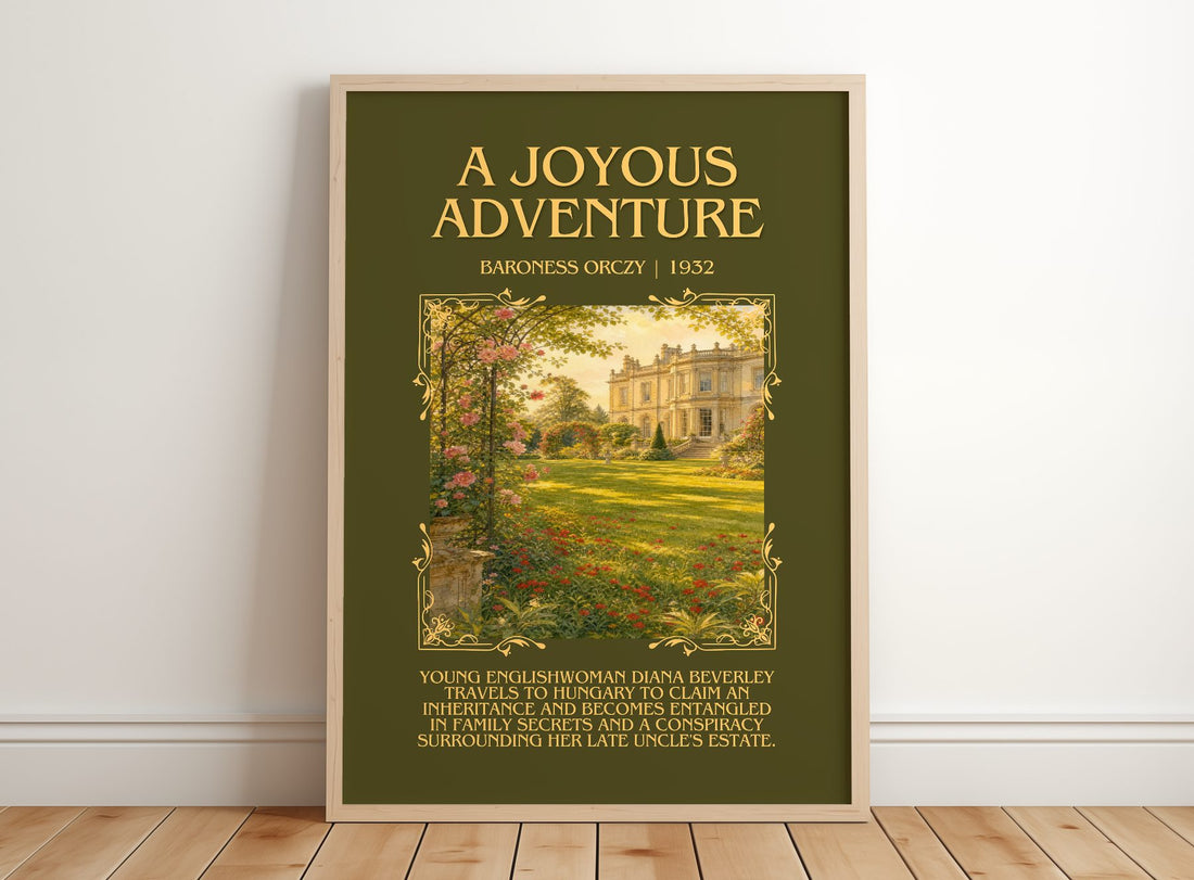 A Joyous Adventure Minimalist Book Poster by Baroness Orczy – framed print leaning on a wooden floor