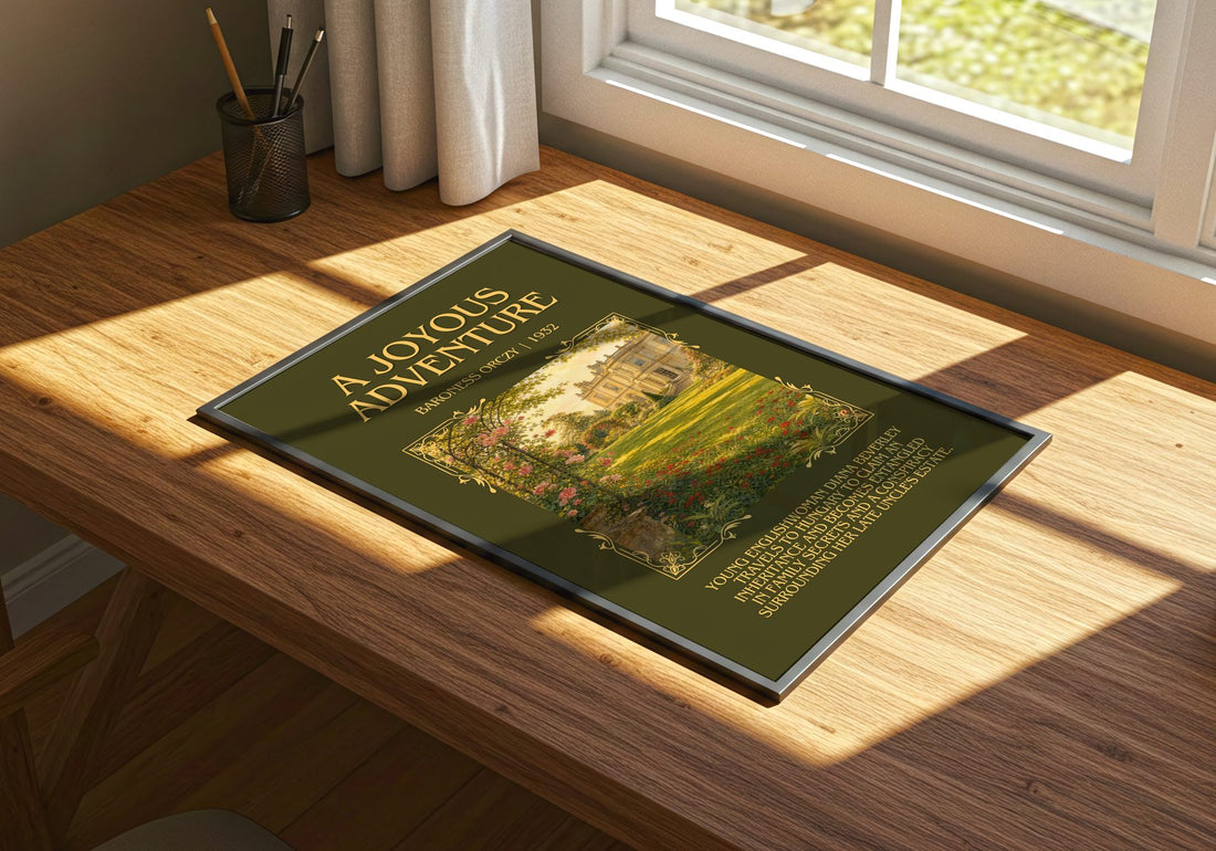 A Joyous Adventure Minimalist Book Poster by Baroness Orczy – print on a sunlit desk