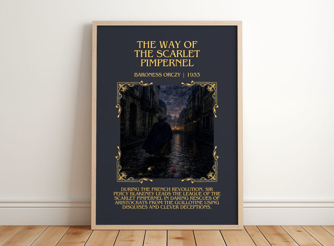 Way Of The Scarlet Pimpernel Minimalist Book Poster by Baroness Orczy – framed print leaning on a wooden floor
