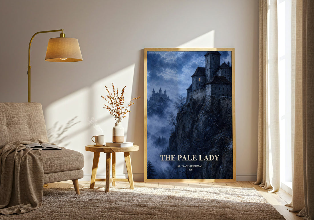 The Pale Lady watercolour print in frame leaning in hallway – gothic wall art (mockup)
