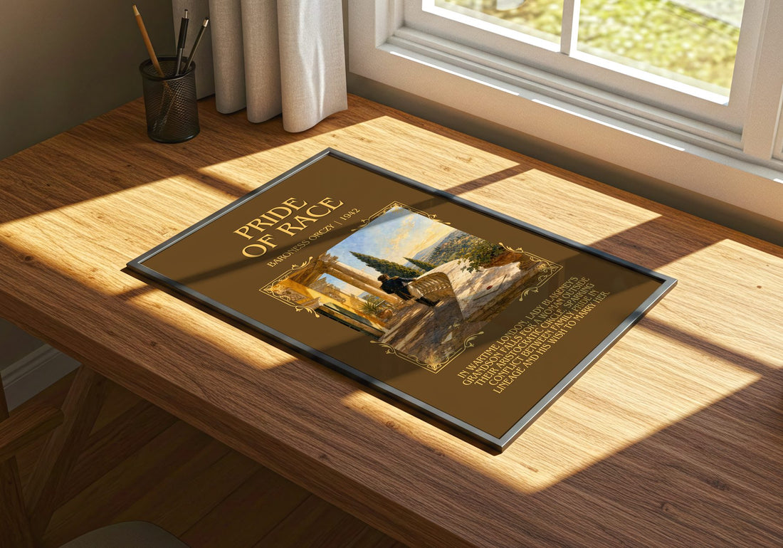 Pride Of Race Minimalist Book Poster by Baroness Orczy – print on a sunlit desk