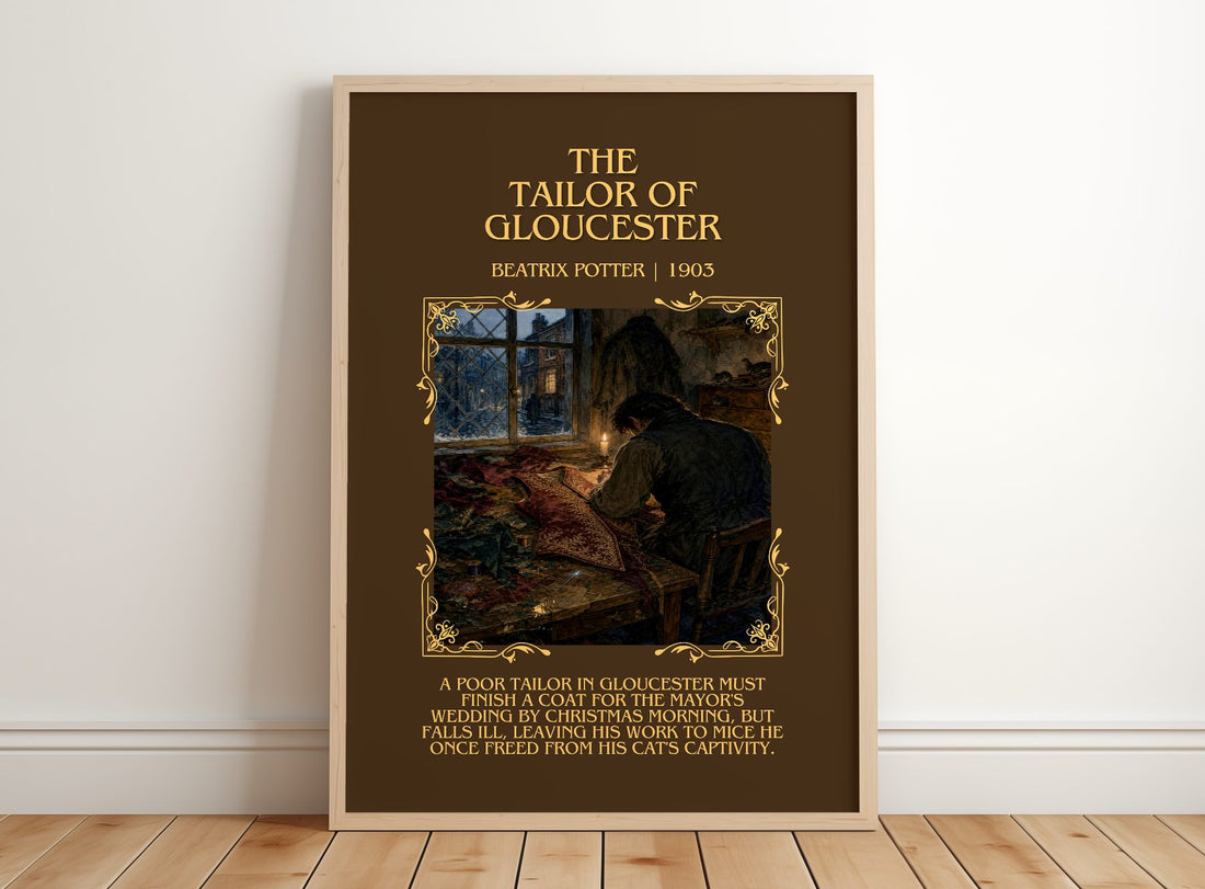The Tailor Of Gloucester Minimalist Book Poster by Beatrix Potter – framed print leaning on a wooden floor