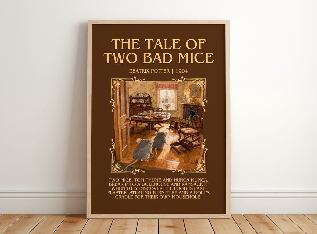 The Tale Of Two Bad Mice Minimalist Book Poster by Beatrix Potter – framed print leaning on a wooden floor