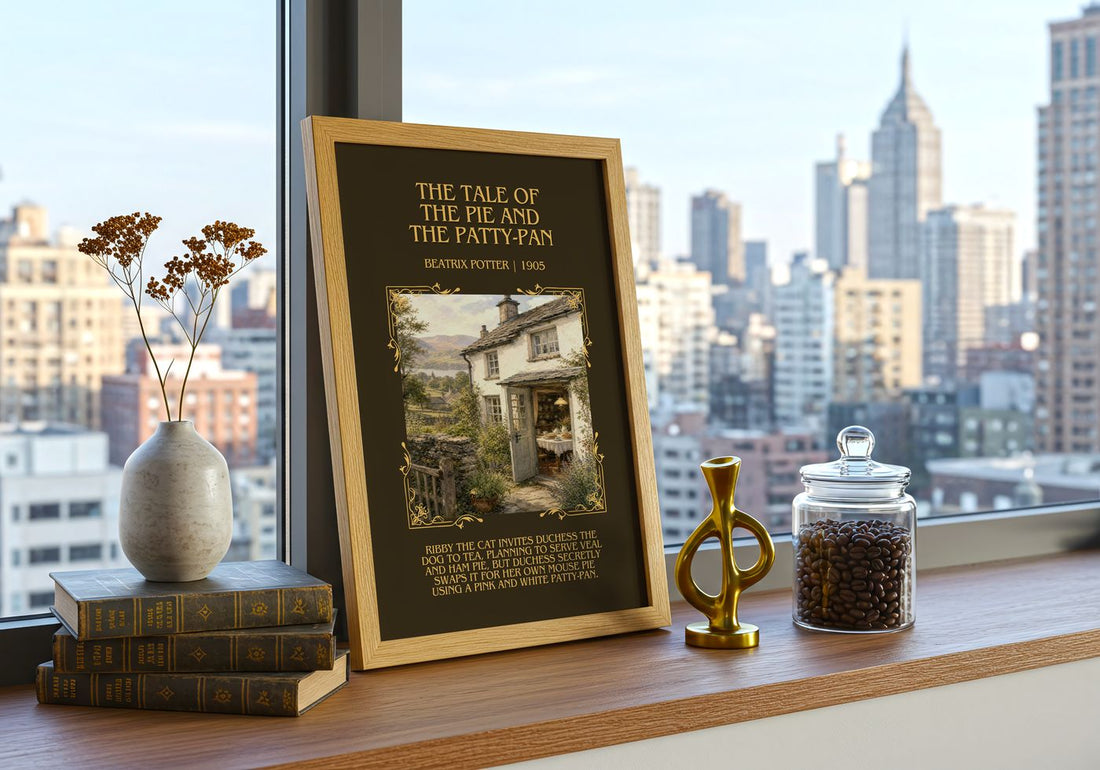 Tale Of The Pie And The Patty-Pan Minimalist Book Poster by B. Potter – framed print on a city-view windowsill