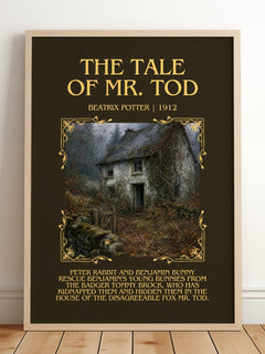 The Tale Of Mr. Tod Minimalist Book Poster by Beatrix Potter – framed print leaning on a wooden floor