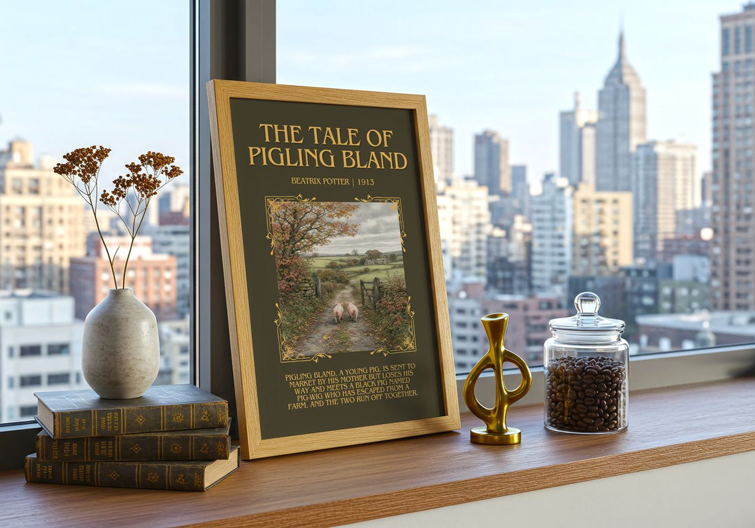 The Tale Of Pigling Bland Minimalist Book Poster by Beatrix Potter – framed print on a city-view windowsill