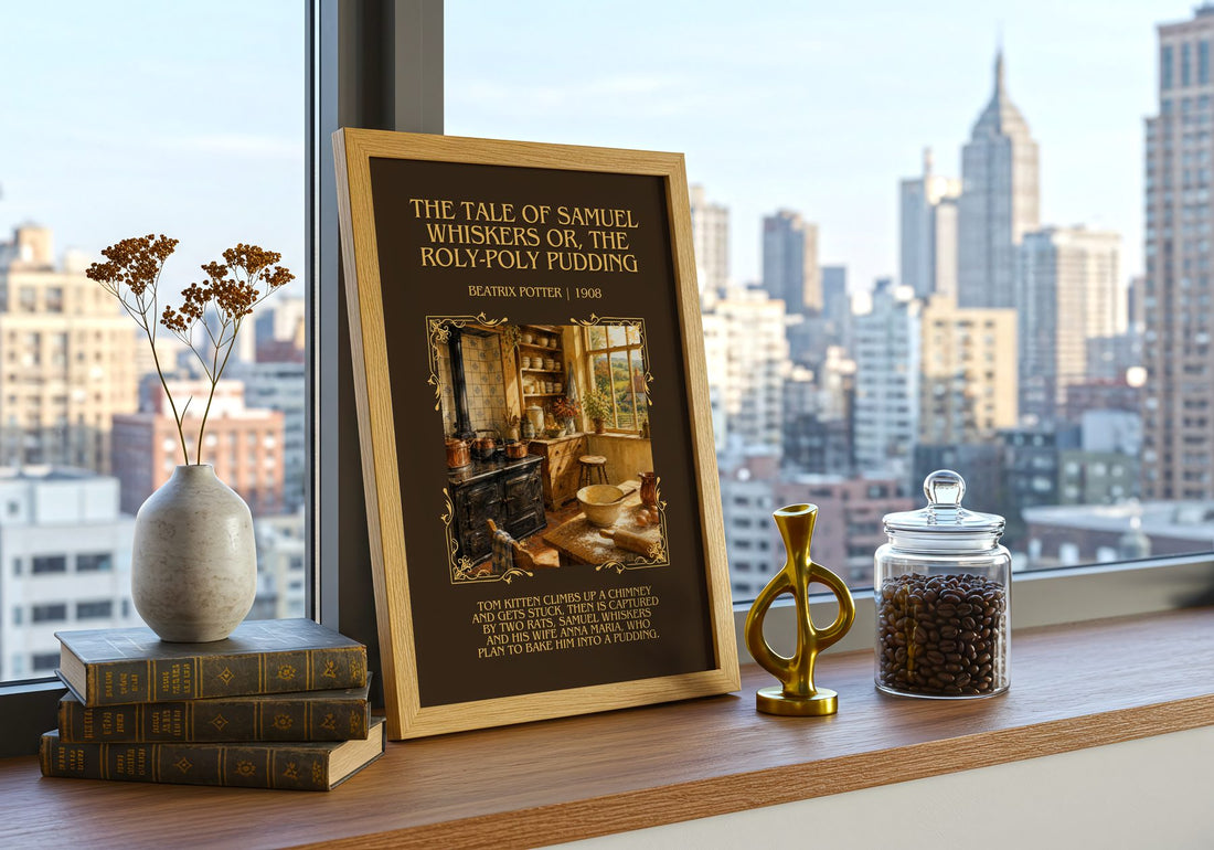 Tale Of Samuel Whiskers Or, The Roly-Poly Pudding Minimalist Book – framed print on a city-view windowsill