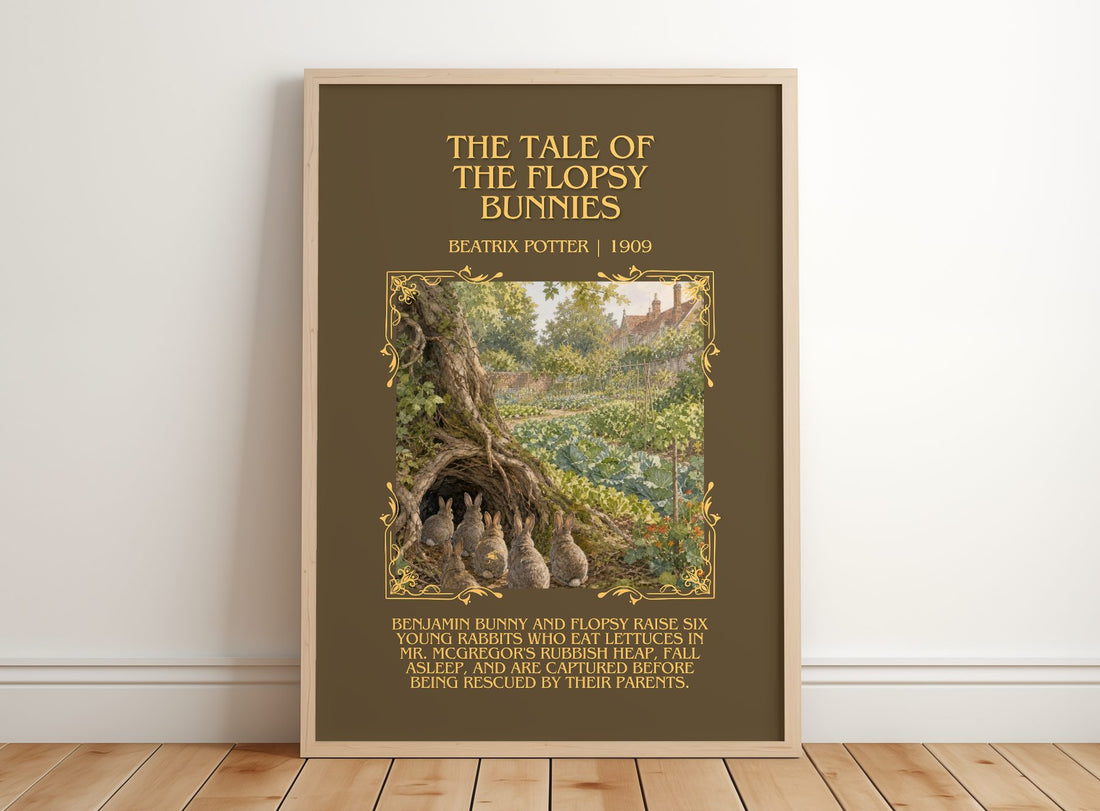 Tale Of The Flopsy Bunnies Minimalist Book Poster by Beatrix Potter – framed print leaning on a wooden floor