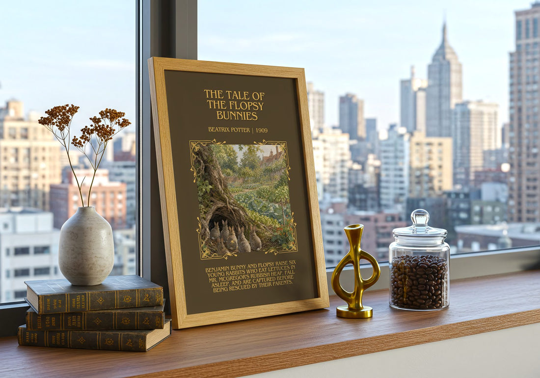Tale Of The Flopsy Bunnies Minimalist Book Poster by Beatrix Potter – framed print on a city-view windowsill