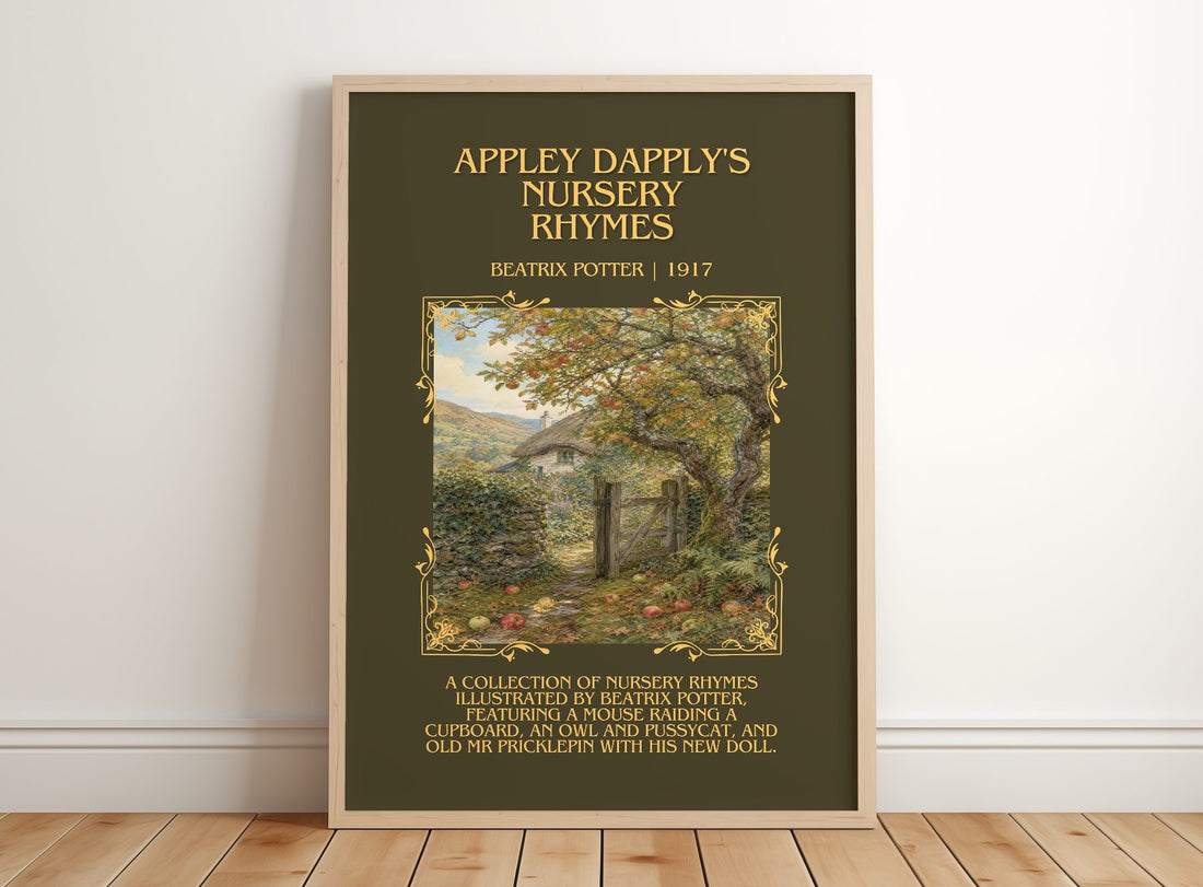 Appley Dapply'S Nursery Rhymes Minimalist Book Poster by B. Potter – framed print leaning on a wooden floor