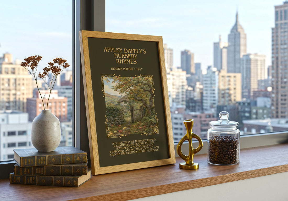 Appley Dapply'S Nursery Rhymes Minimalist Book Poster by B. Potter – framed print on a city-view windowsill