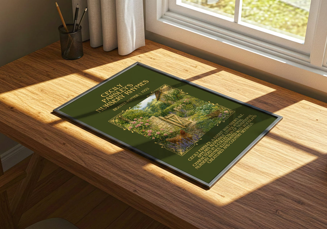 Cecily Parsley'S Nursery Rhymes Minimalist Book Poster by B. Potter – print on a sunlit desk
