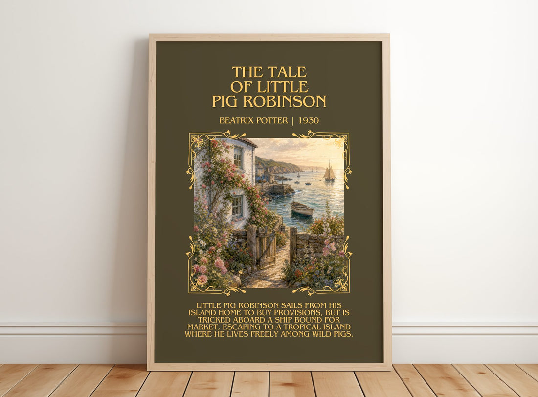 Tale Of Little Pig Robinson Minimalist Book Poster by Beatrix Potter – framed print leaning on a wooden floor