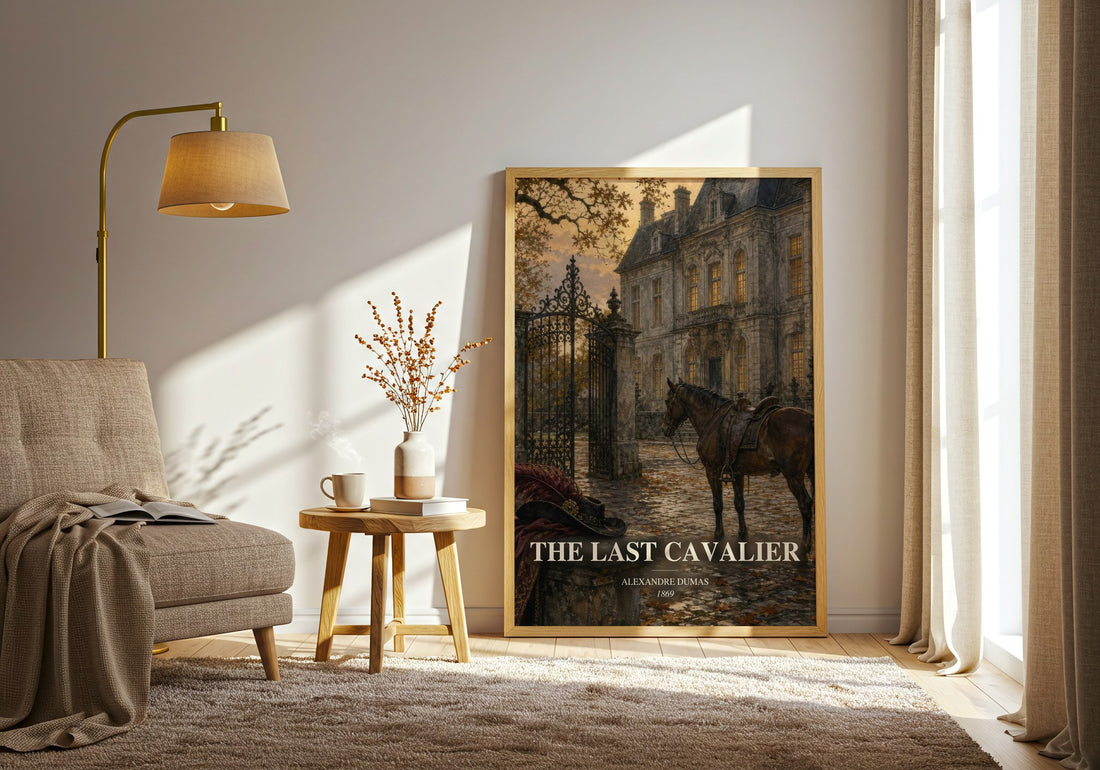 The Last Cavalier watercolour print in frame leaning in hallway – historical fiction wall art (mockup)