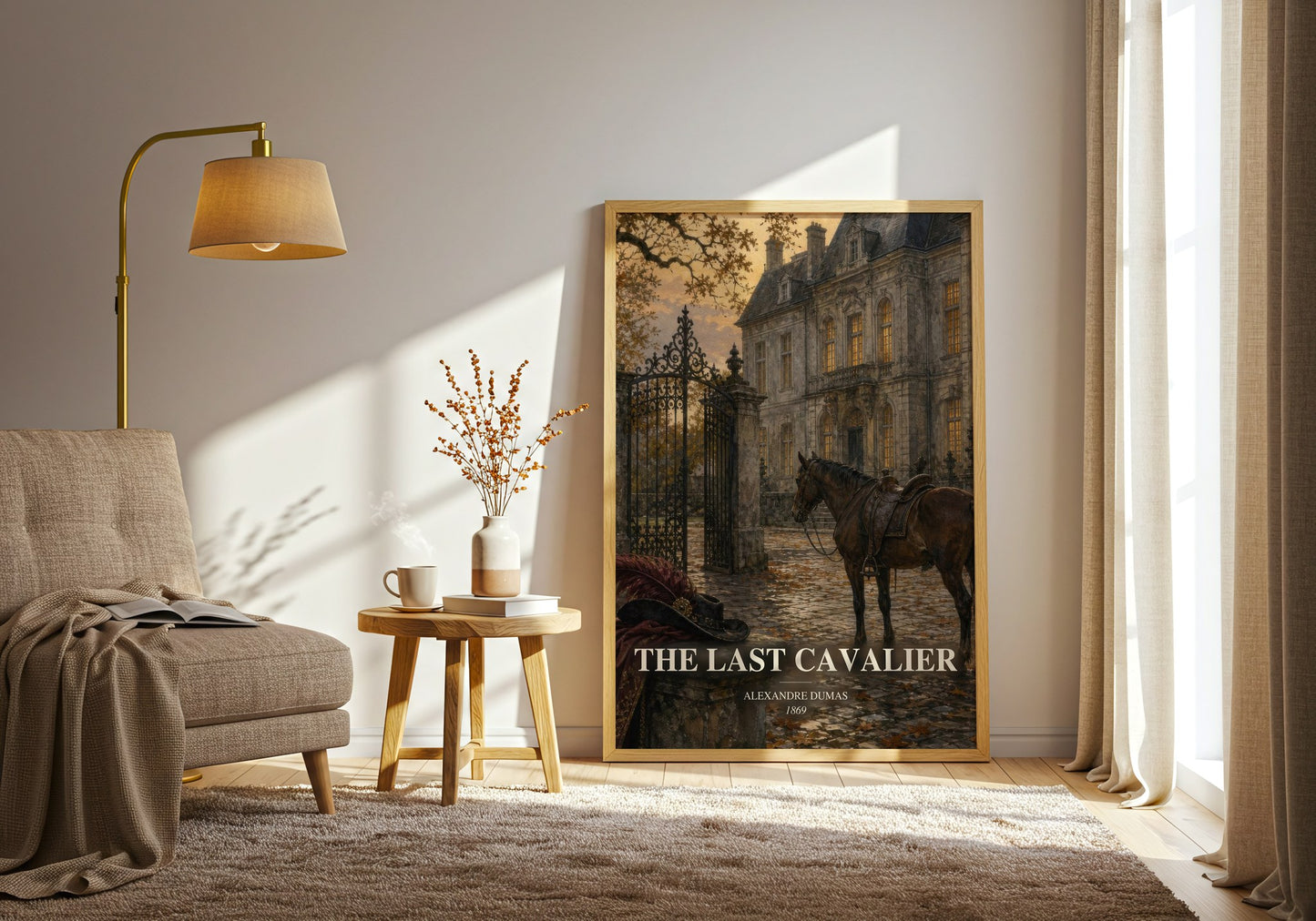 The Last Cavalier watercolour print in frame leaning in hallway – historical fiction wall art