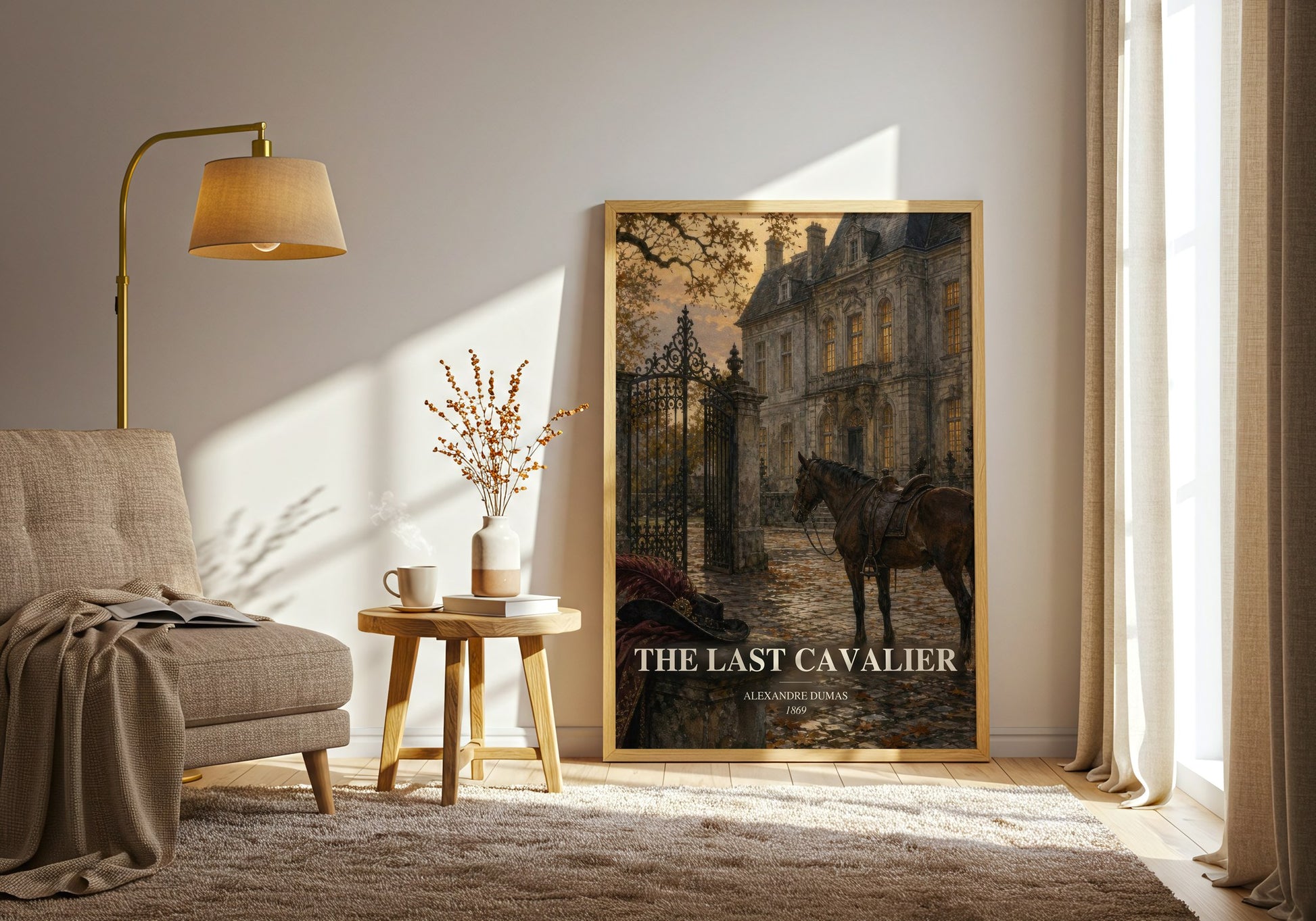 The Last Cavalier watercolour print in frame leaning in hallway – historical fiction wall art