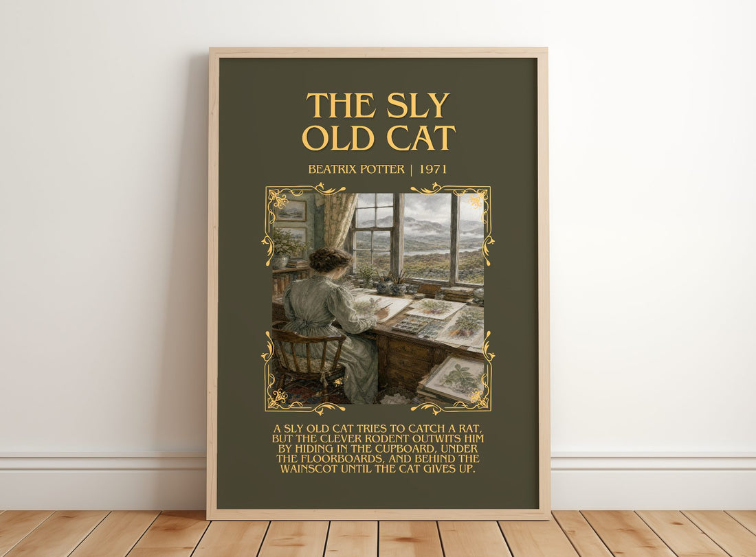 The Sly Old Cat Minimalist Book Poster by Beatrix Potter – framed print leaning on a wooden floor