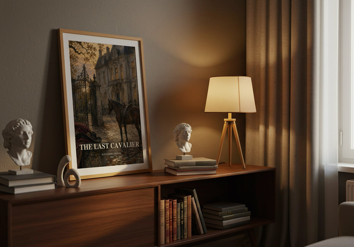 The Last Cavalier watercolour print on bookshelf – Alexandre Dumas fan gift