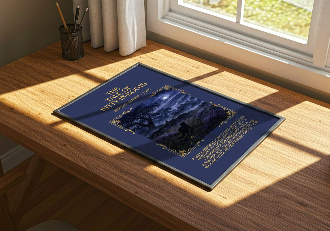 The Tale Of Kitty-In-Boots Minimalist Book Poster by Beatrix Potter – print on a sunlit desk