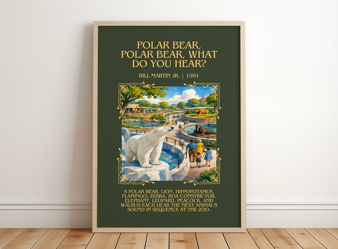 Polar Bear, Polar Bear, What Do You Hear? Minimalist Book Poster – framed print leaning on a wooden floor