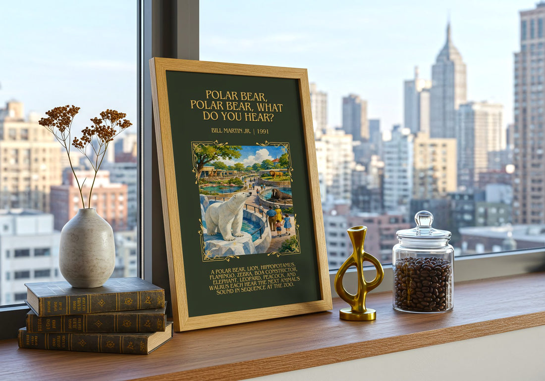 Polar Bear, Polar Bear, What Do You Hear? Minimalist Book Poster – framed print on a city-view windowsill