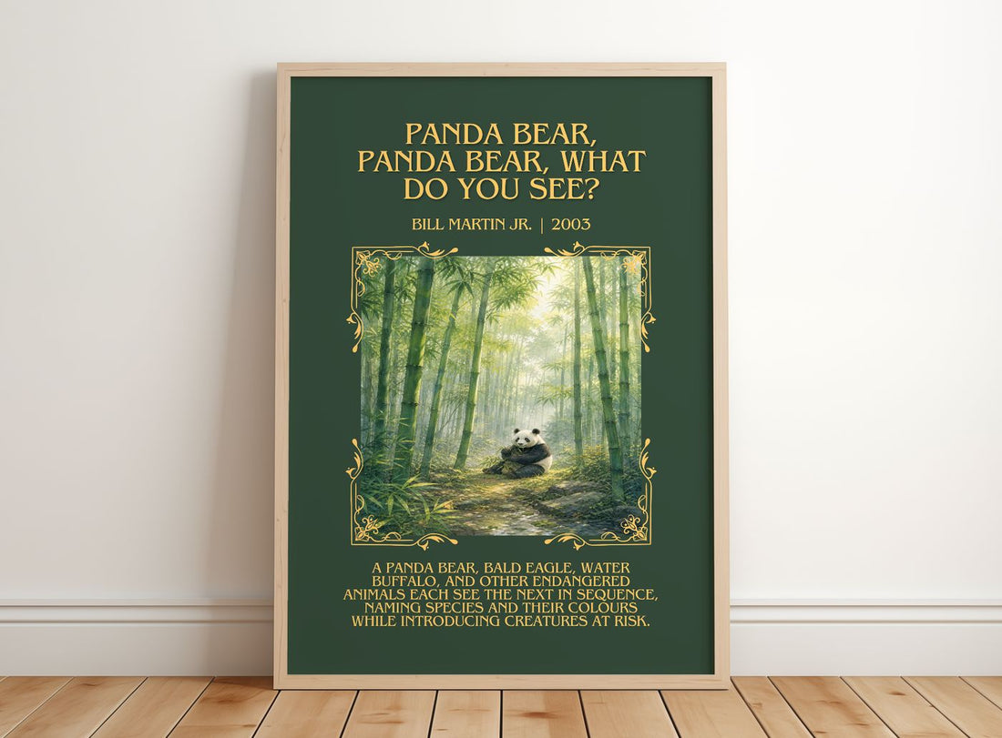 Panda Bear, Panda Bear, What Do You See? Minimalist Book Poster – framed print leaning on a wooden floor