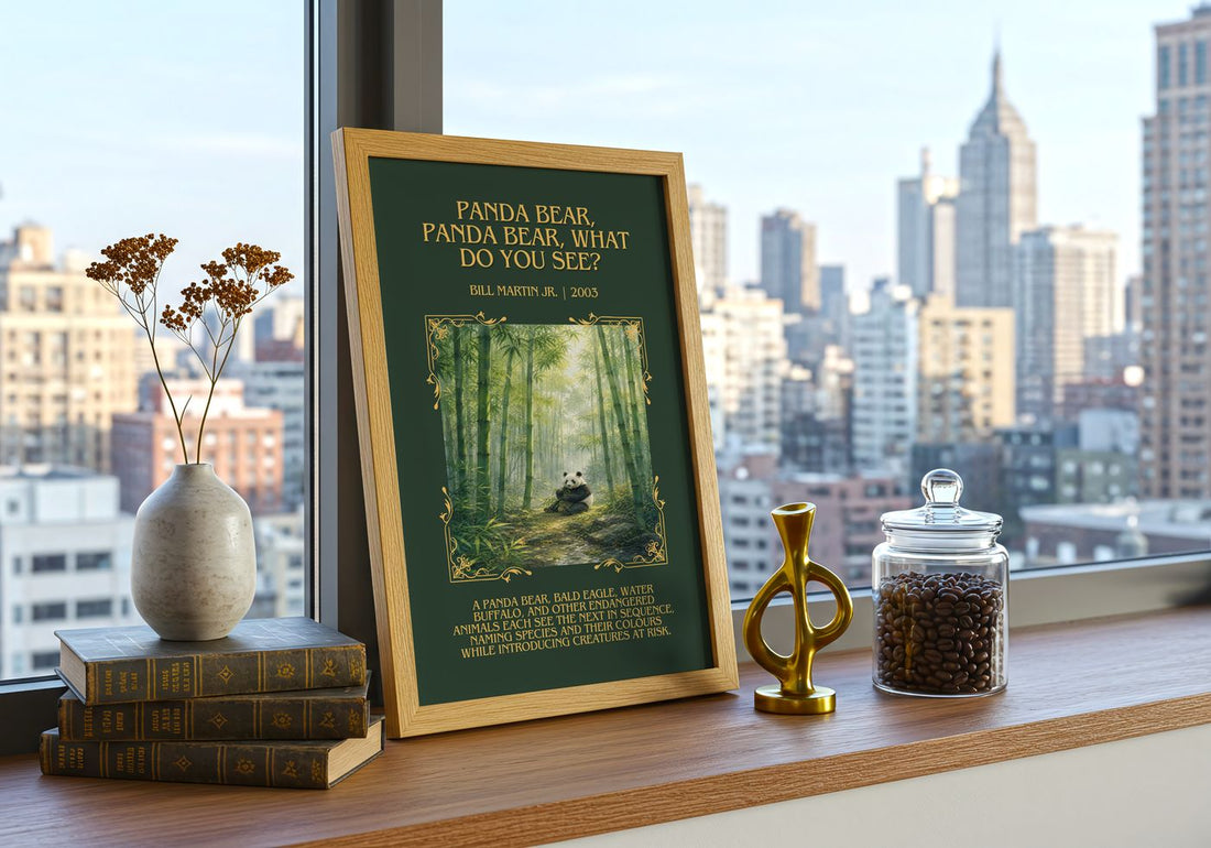 Panda Bear, Panda Bear, What Do You See? Minimalist Book Poster – framed print on a city-view windowsill
